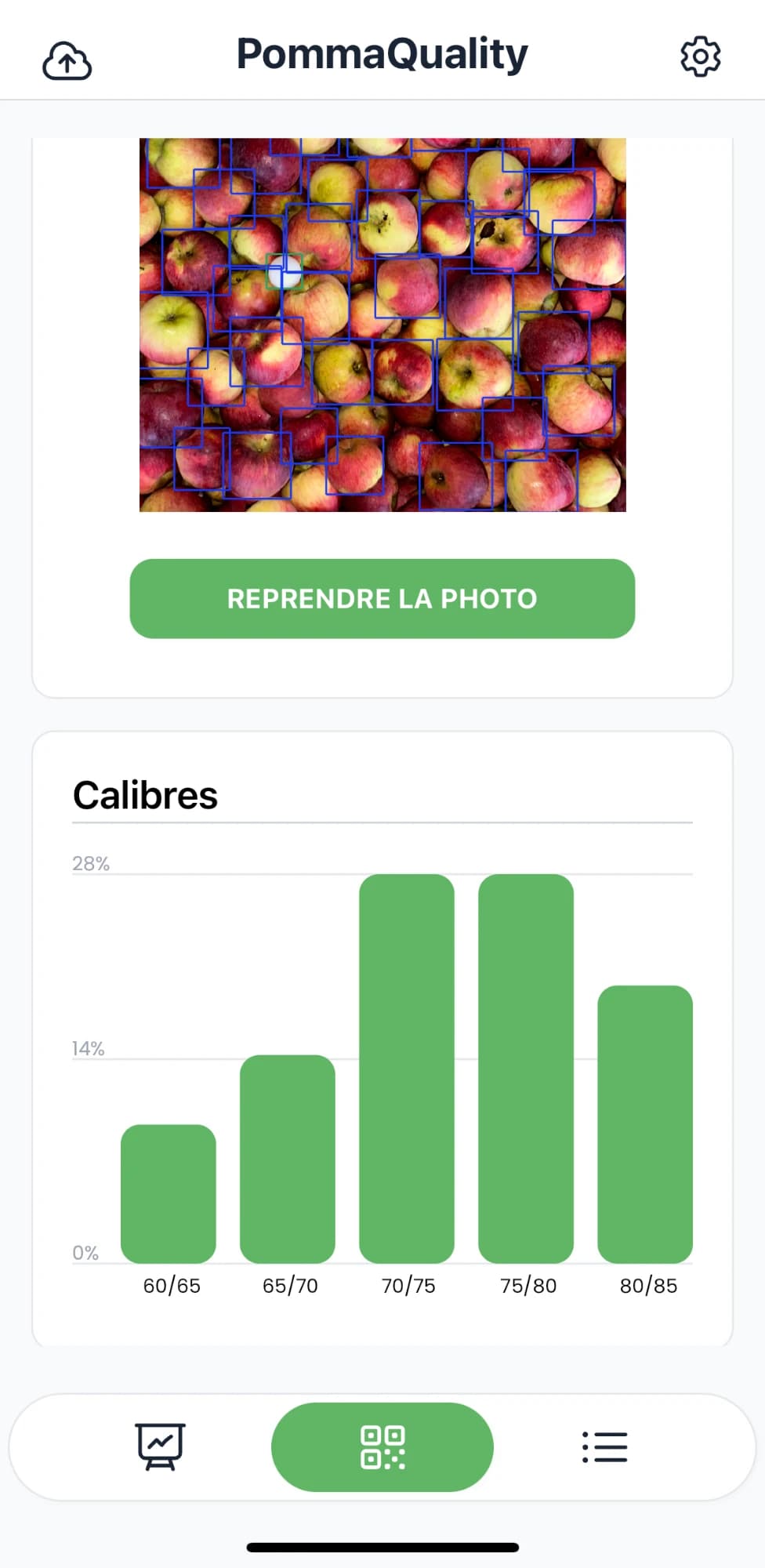 Écran PommaQuality : pommes détectées sur la photo d'un palox et répartition des calibres